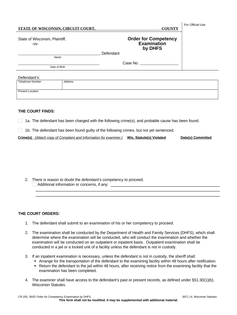 Order for Competency Examination Wisconsin  Form