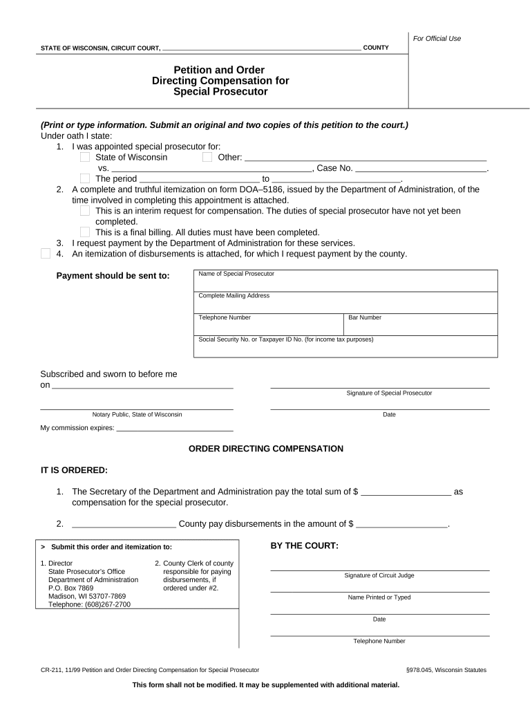 Petition and Order Directing Compensation for Special Prosecutor Wisconsin  Form