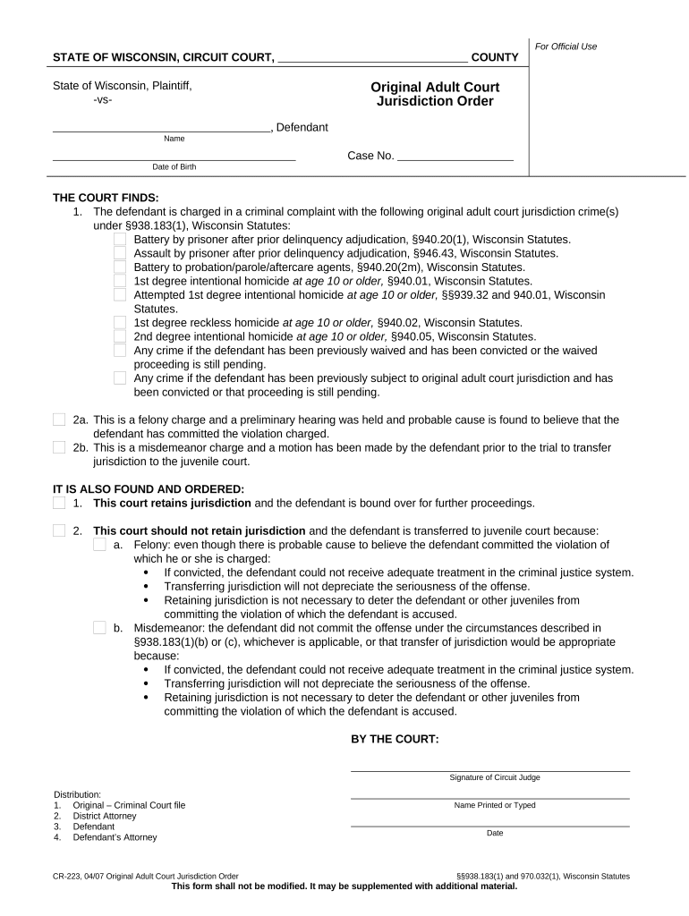 Wisconsin Jurisdiction  Form