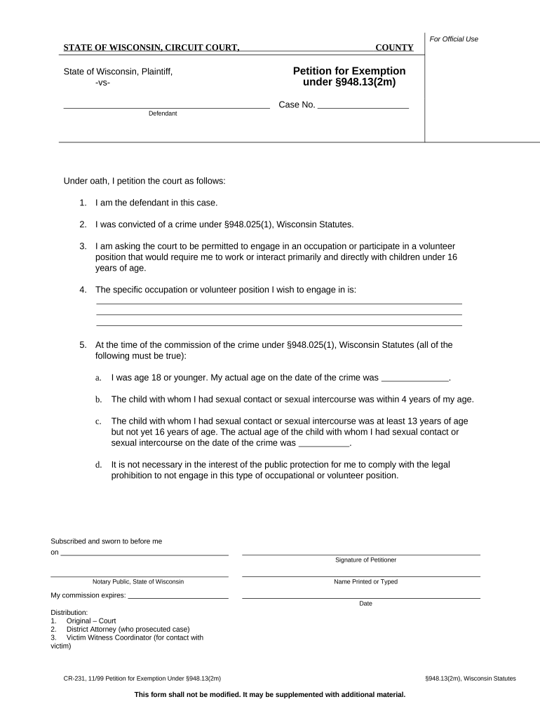 Petition for Exemption under 948 1432m Wisconsin  Form