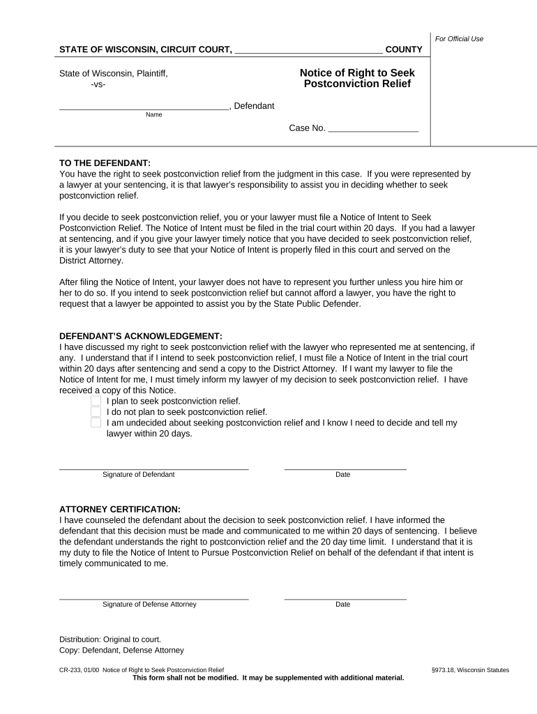 Fill and Sign the Wisconsin Post Conviction Form