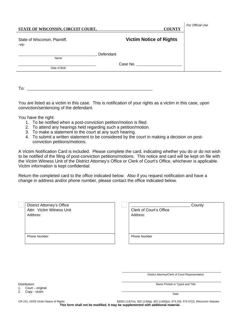 Victim Notice of Rights Wisconsin  Form