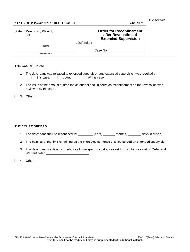 Order for Reconfinement After Revocation of Extended Supervision Wisconsin  Form