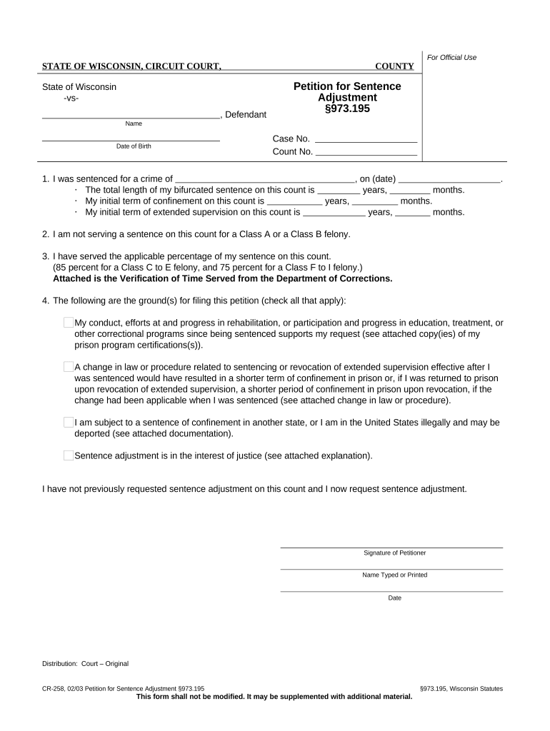 Wisconsin Sentence Adjustment  Form