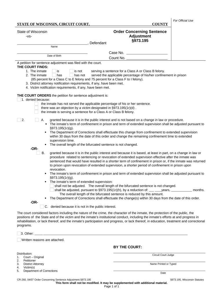 Wisconsin Sentence Adjustment  Form