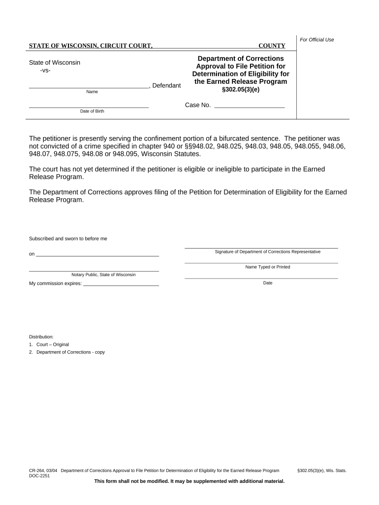 Department of Corrections Approval to File Petition for Determination of Eligibility for the Earned Release Program Section 302   Form