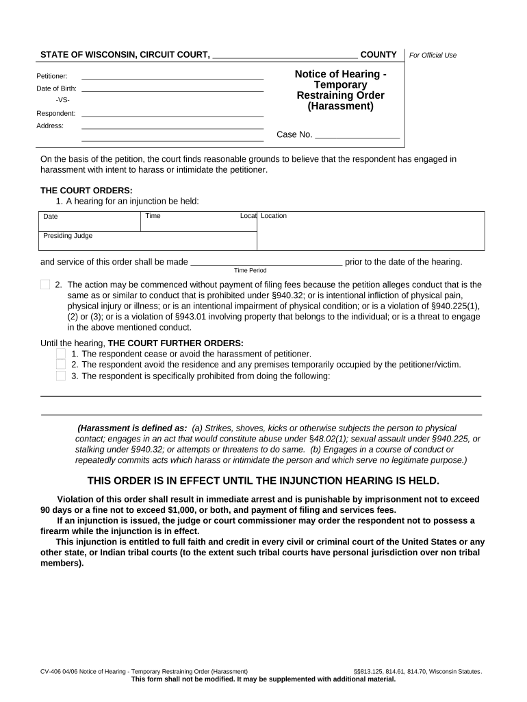 Notice of Hearing TRO Harassment Wisconsin  Form