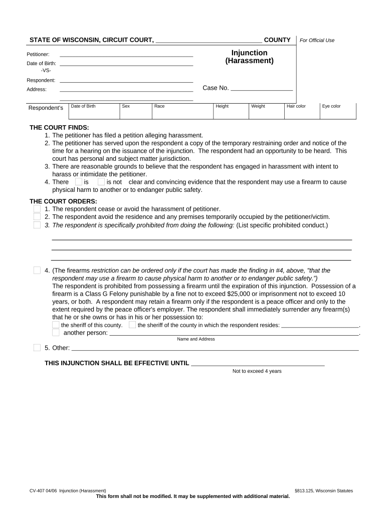 Injunction Harassment Wisconsin  Form