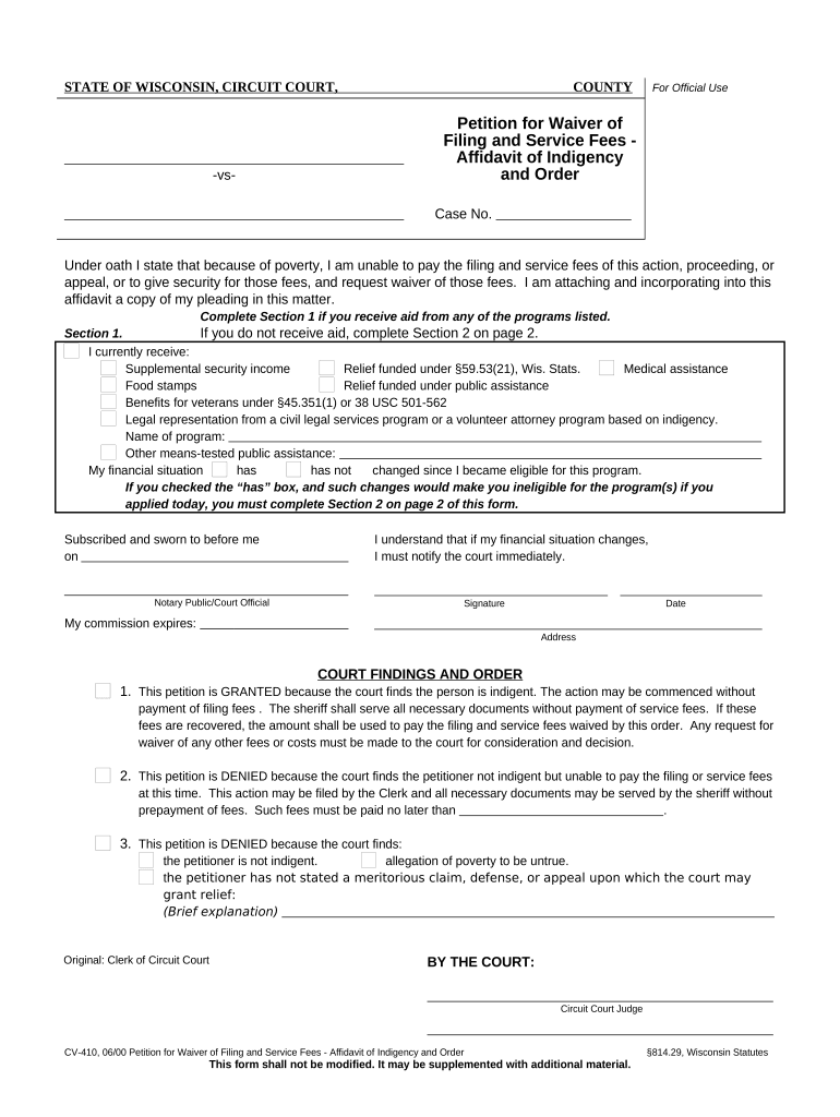 Petition Waiver Costs  Form