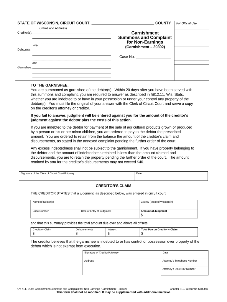 Wisconsin Summons Complaint  Form