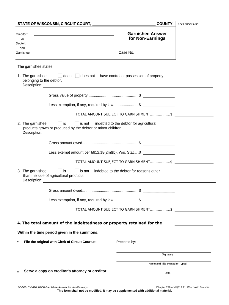 Garnishee Defendant Answer for Nonearnings Wisconsin  Form