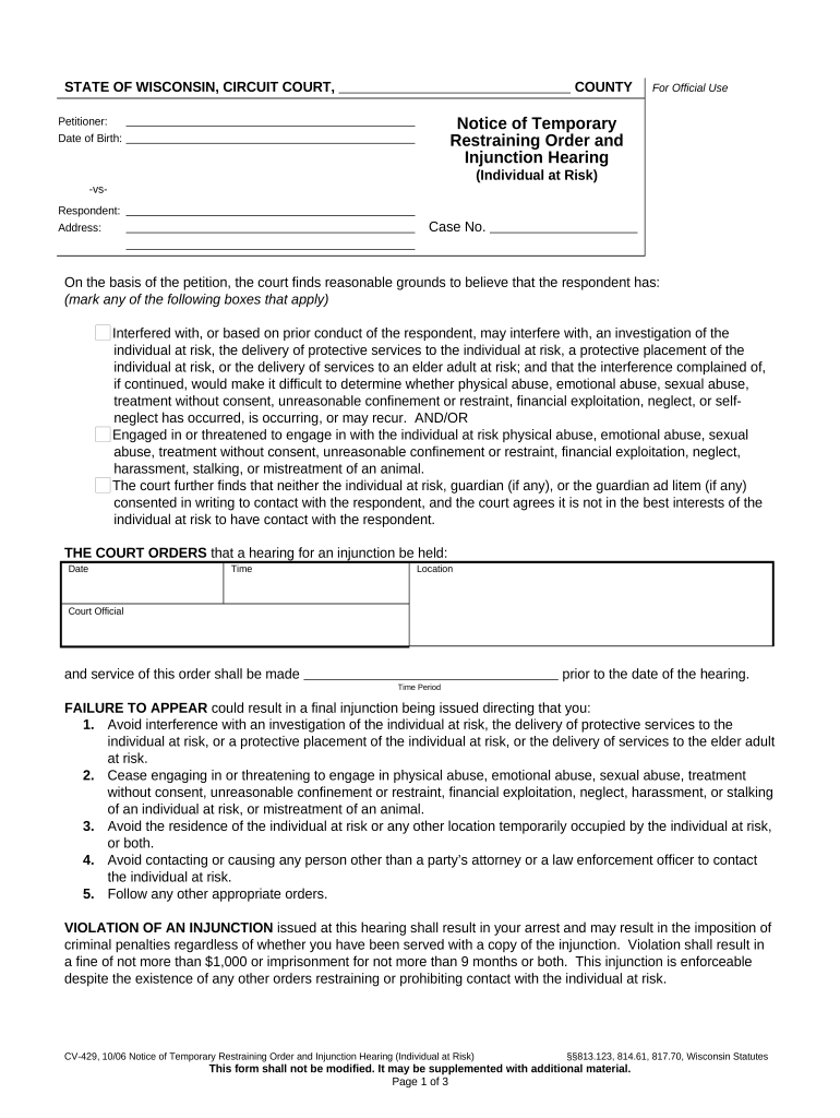 Temporary Restraining Order  Form