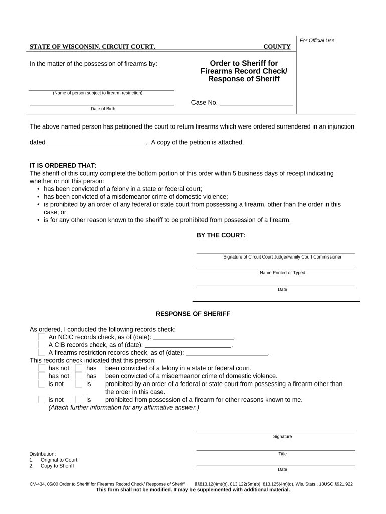 Order to Sheriff for Firearms Record Check Response of Sheriff Wisconsin  Form