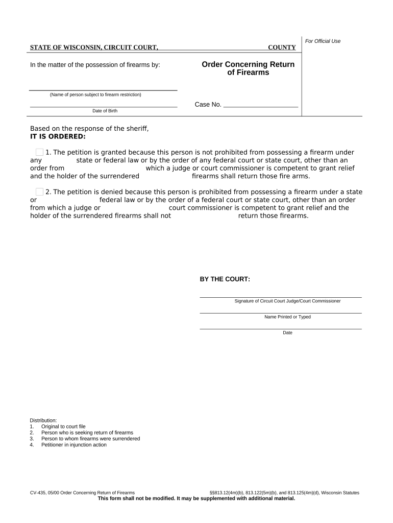 Order Concerning Return of Firearms Wisconsin  Form
