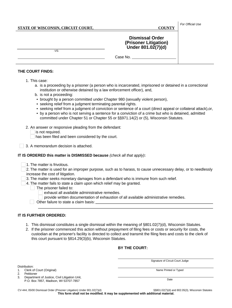 Dismissal Order Prisoner Litigation under 801 027d Wisconsin  Form