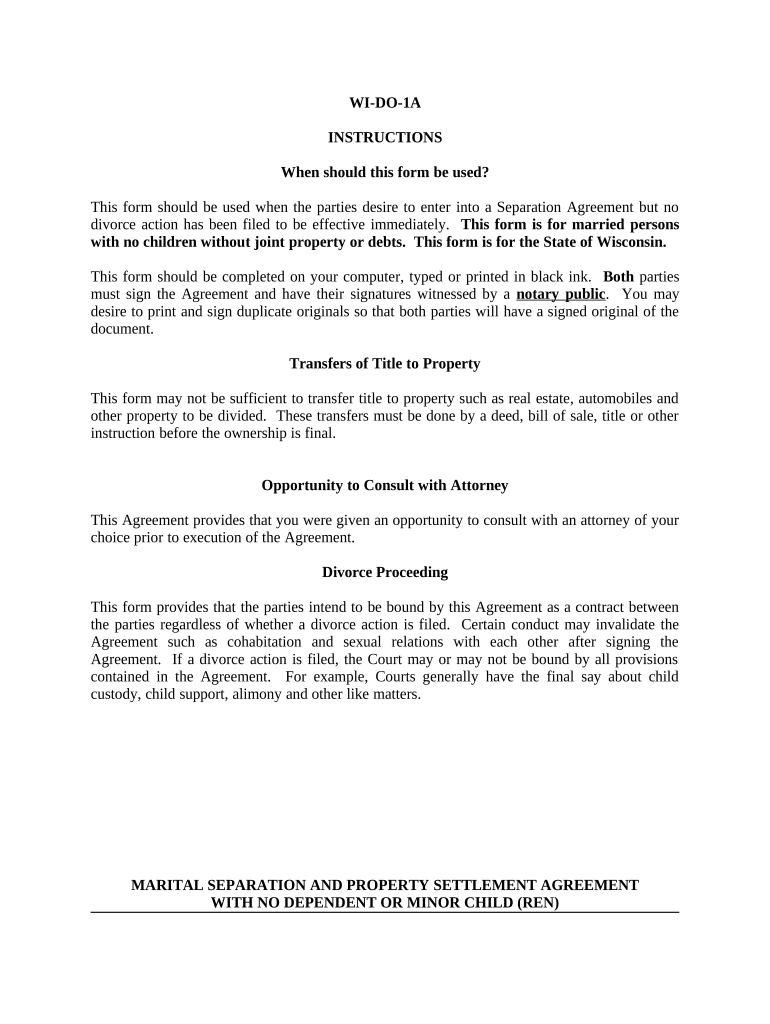 Marital Domestic Separation and Property Settlement Agreement for Persons with No Children, No Joint Property, or Debts Effectiv  Form