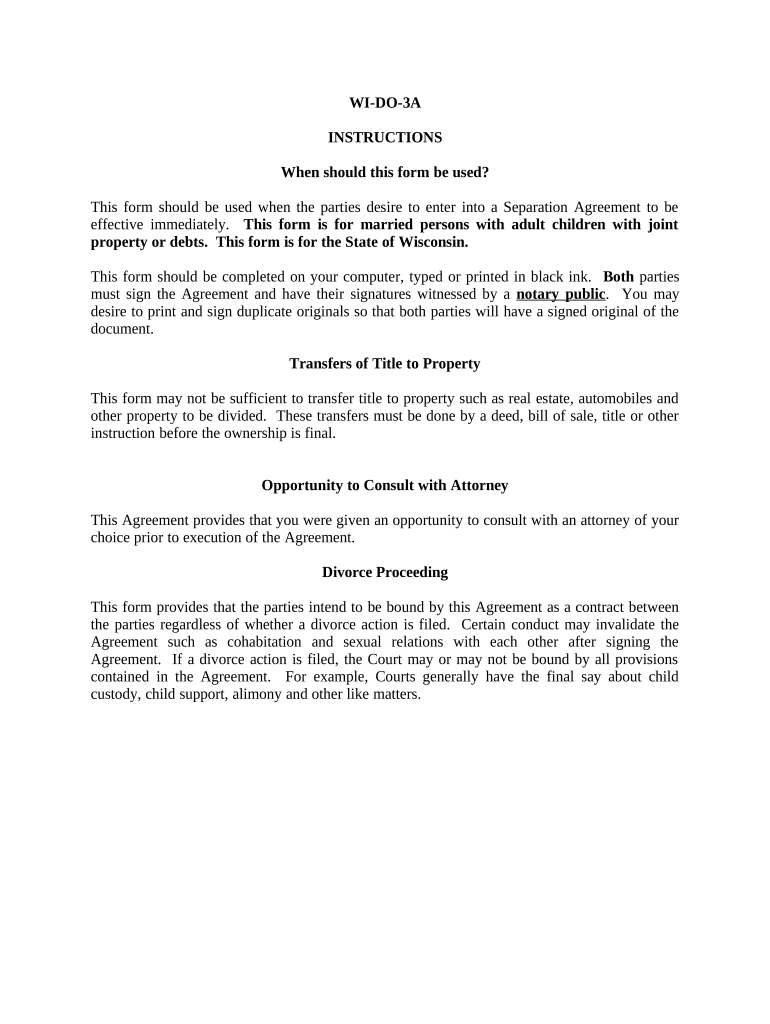 Marital Domestic Separation and Property Settlement Agreement Adult Children Parties May Have Joint Property or Debts Effective   Form