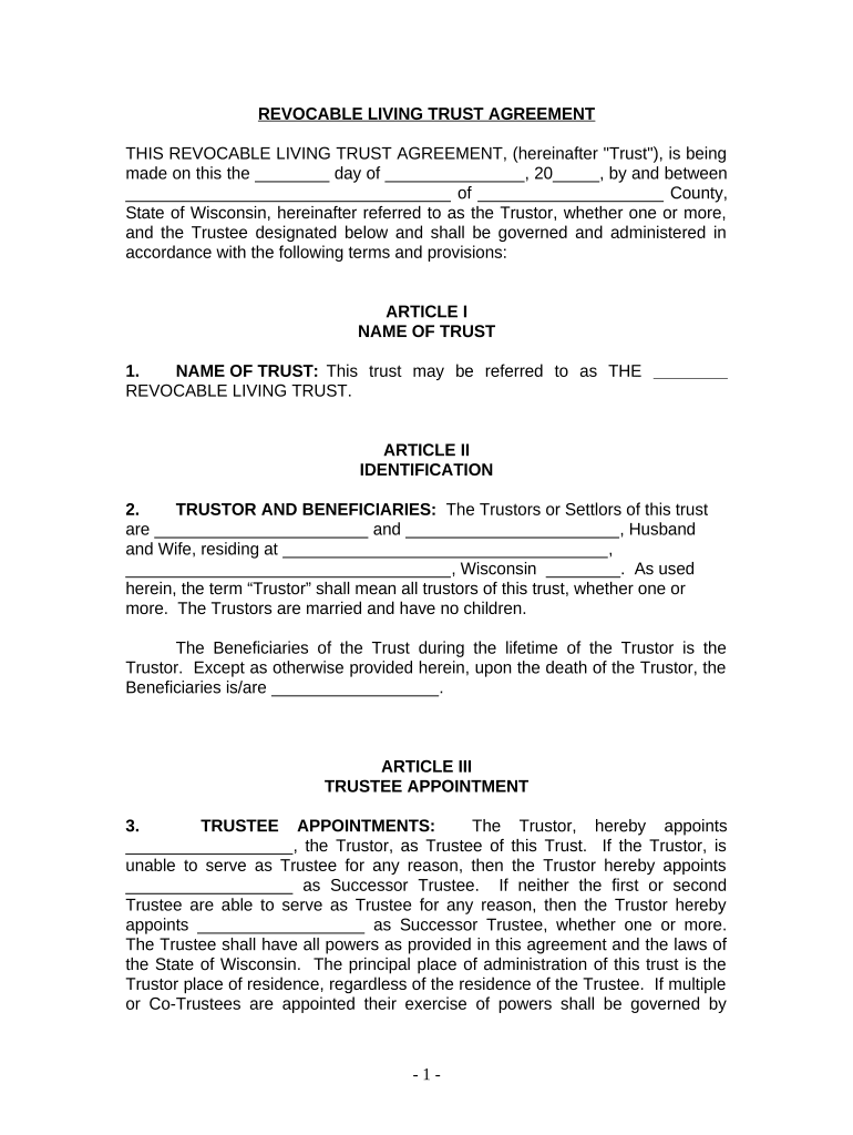 Living Trust for Husband and Wife with No Children Wisconsin  Form