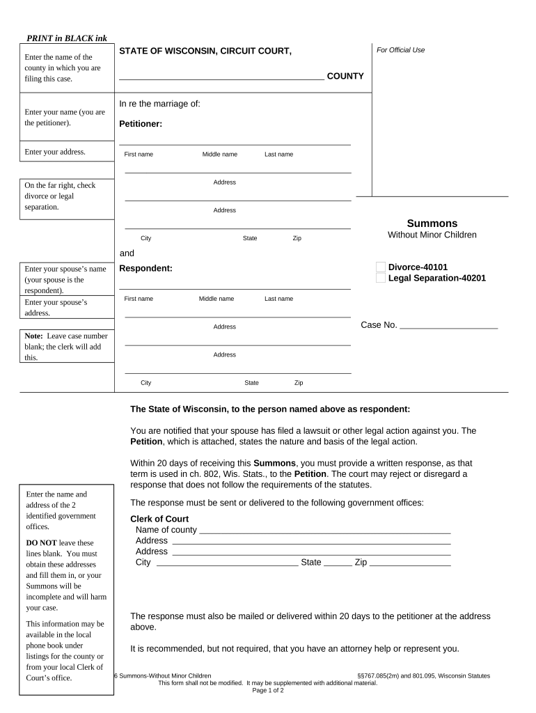 Summons Wisconsin  Form