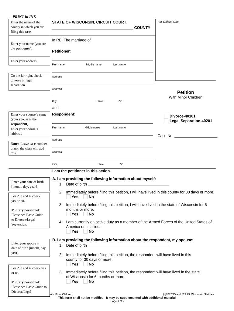 Wisconsin Divorce Petition  Form