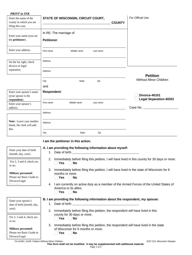 Wisconsin Divorce Petition  Form