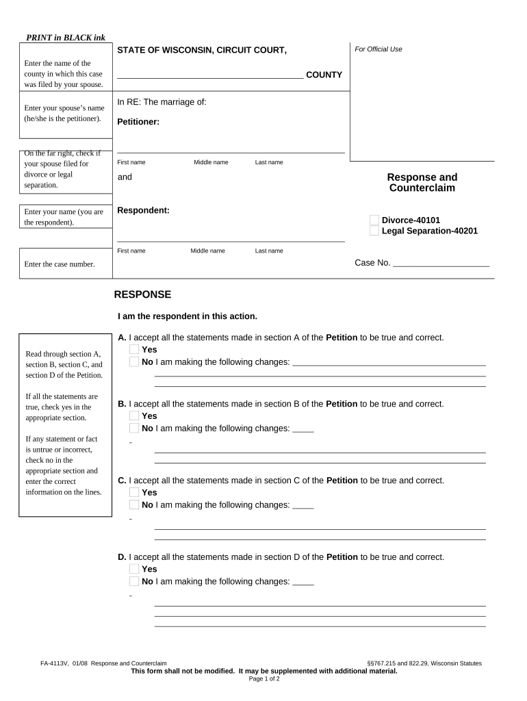 Response Counterclaim  Form