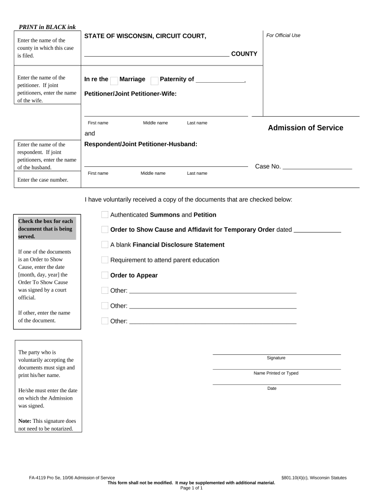 Admission of Service Wisconsin  Form