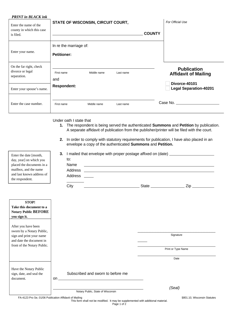 Publication Affidavit of Mailing Wisconsin  Form