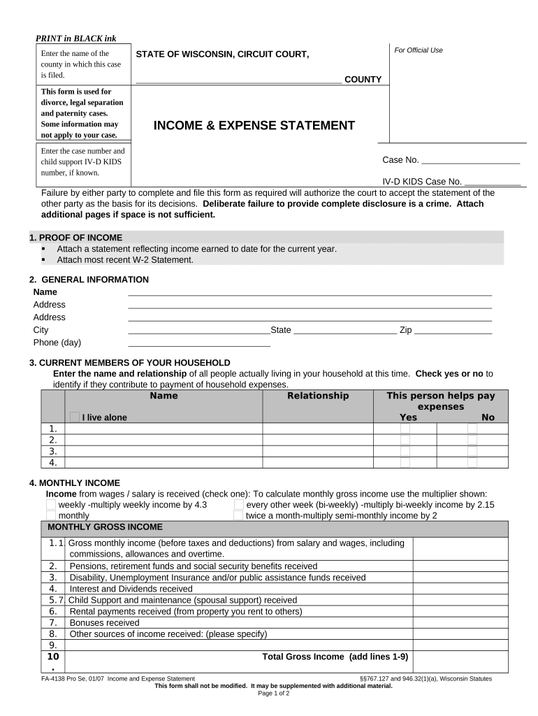 Wisconsin Income Expense Statement  Form