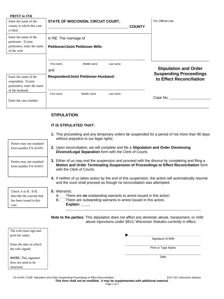 Stipulation and Order Suspending Proceedings to Effect Reconciliation Wisconsin  Form