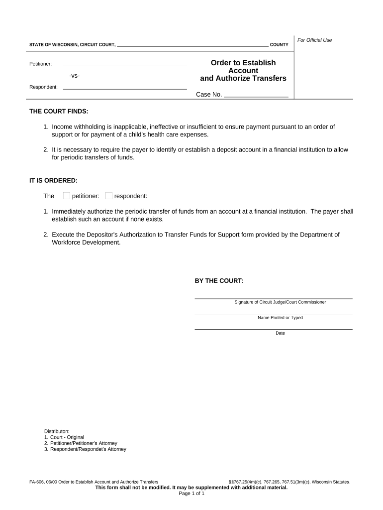 Order to Establish Account and Authorize Transfer Wisconsin  Form
