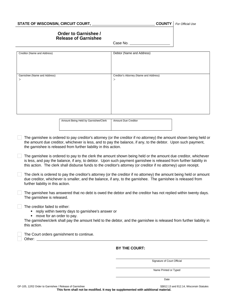 Order to Garnishee Release of Garnishee Wisconsin  Form