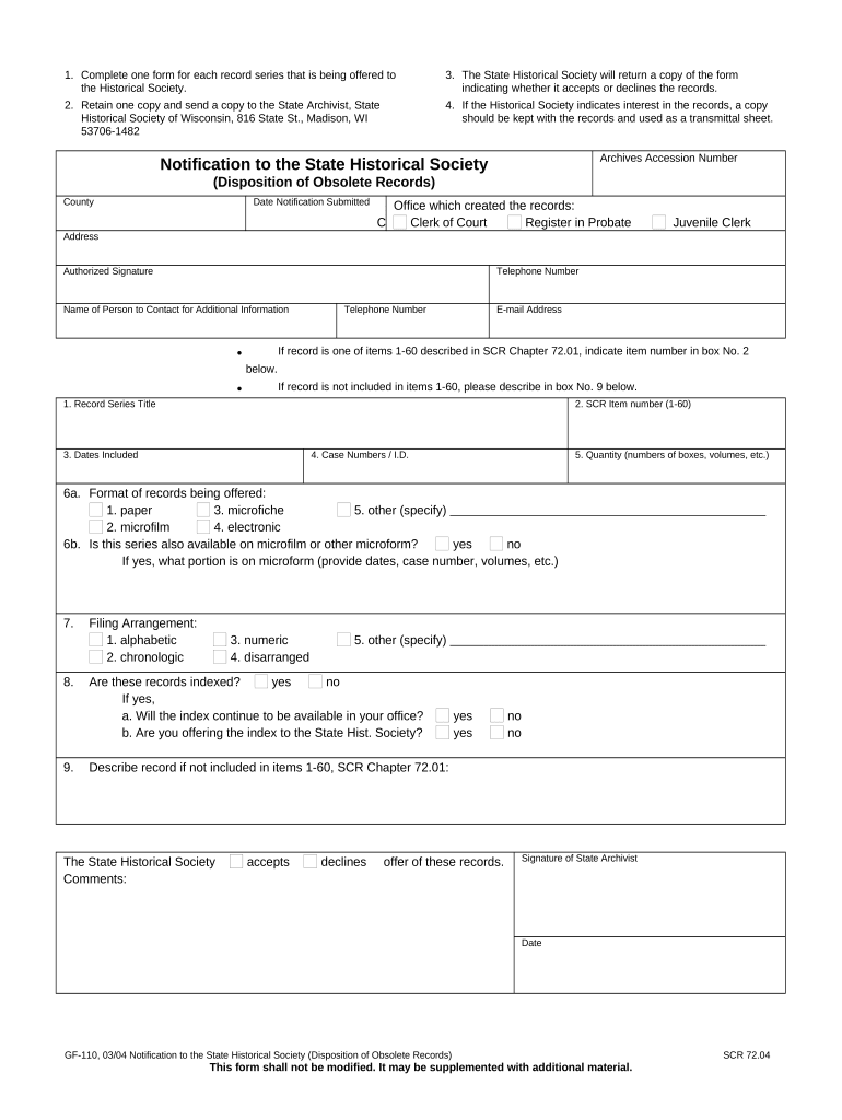 Notification to the State Historical Society Disposition of Obsolete Records Wisconsin  Form