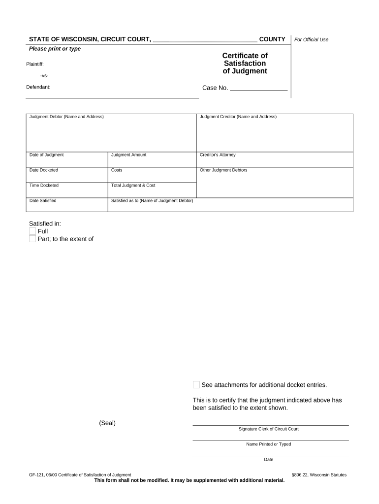 Certification of Satisfaction of Judgment Wisconsin  Form