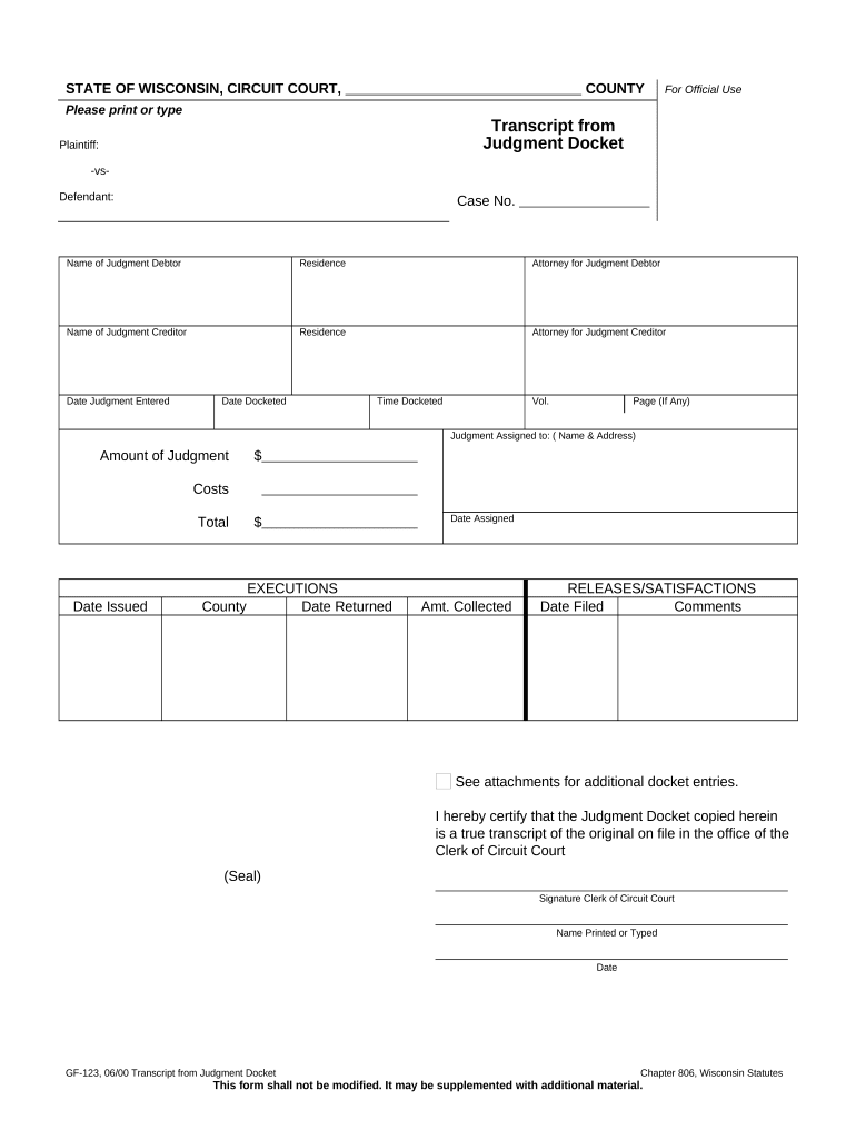 Transcript Judgment Wisconsin  Form