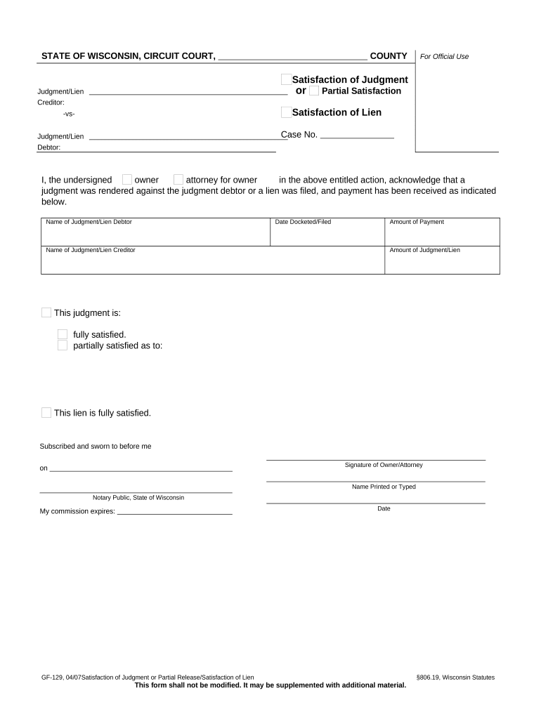 Wisconsin Satisfaction Judgment Form