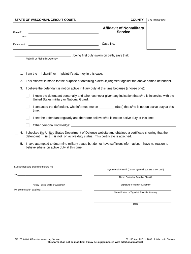 Affidavit Nonmilitary Service  Form