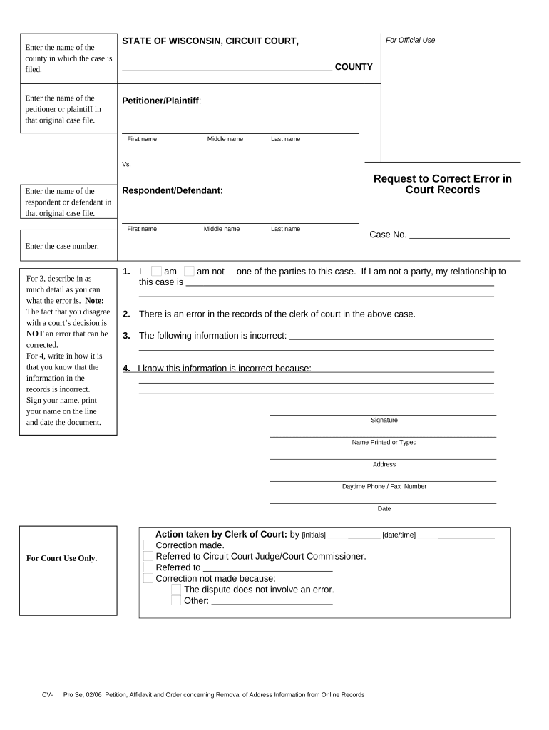 Request to Correct Error in Court Records Wisconsin  Form