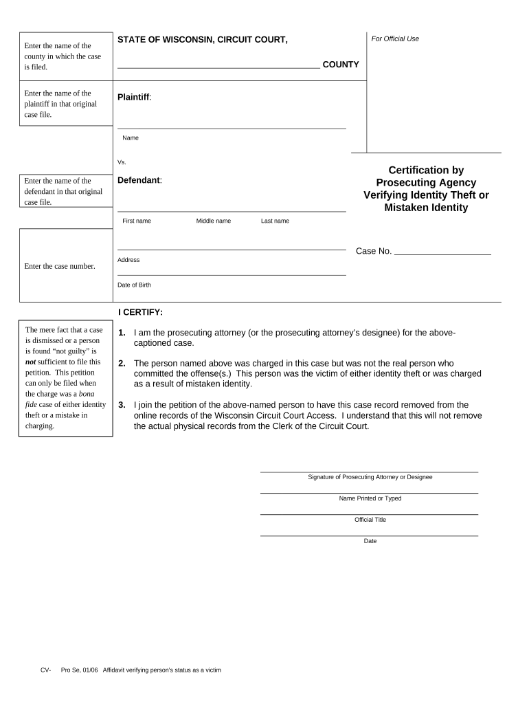 Certification by Prosecuting Agency Verifying Identity Theft or Mistaken Identity Wisconsin  Form