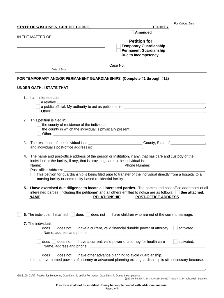 Wisconsin Temporary Guardianship  Form