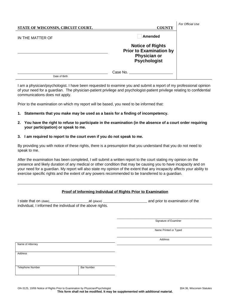 Notice of Rights Prior to Examination by Physician or Psychologist Wisconsin  Form