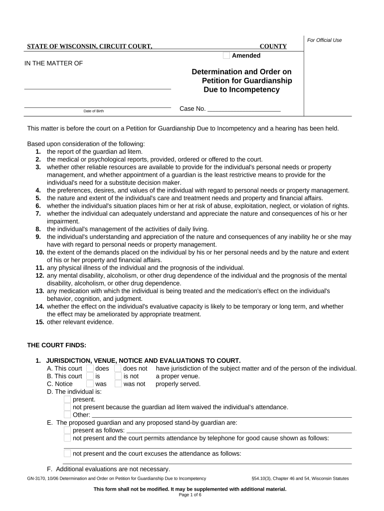 Determination and Order on Petition for Guardianship Due to Incompetency Wisconsin  Form