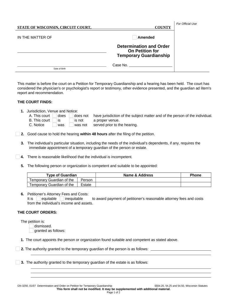 Determination and Order on Petition for Temporary Guardianship Wisconsin  Form