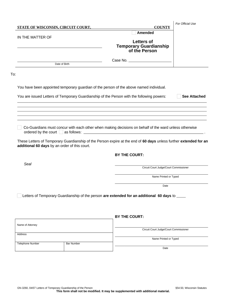 Wisconsin Temporary Guardianship  Form