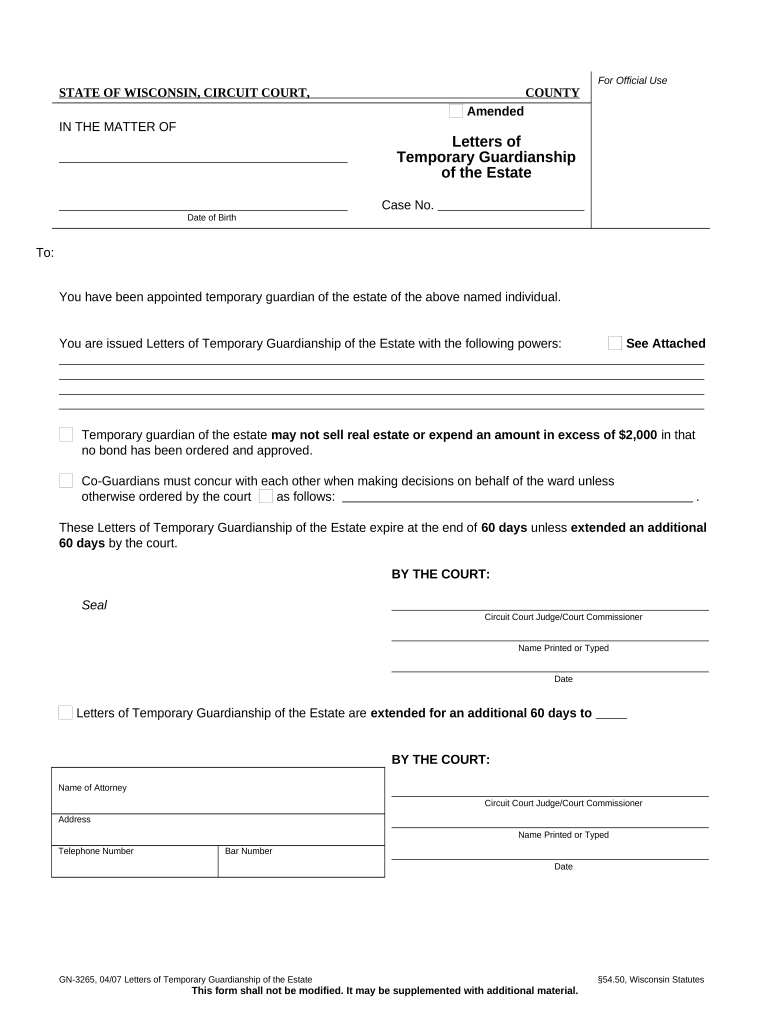 Wisconsin Temporary Guardianship  Form