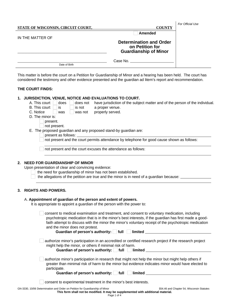 Determination and Order O Petition for Guardianship of Minor Wisconsin  Form