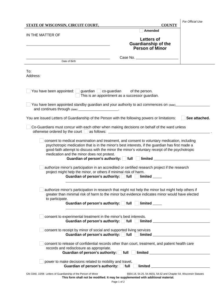 Wisconsin Guardianship Minor  Form