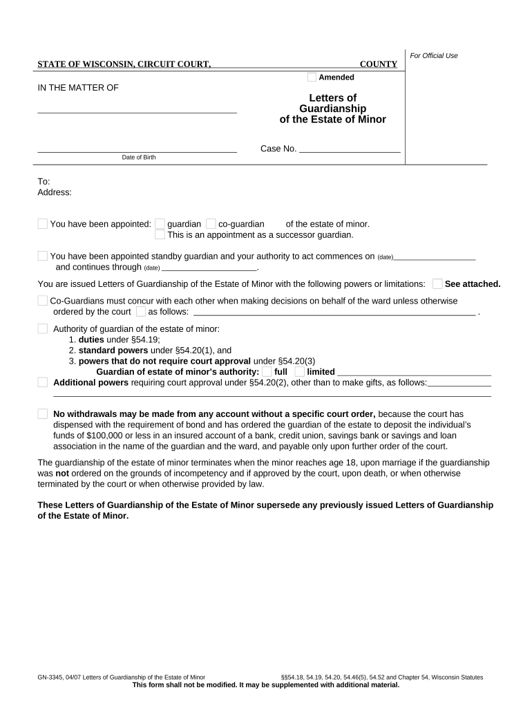 Wisconsin Estate Minor  Form