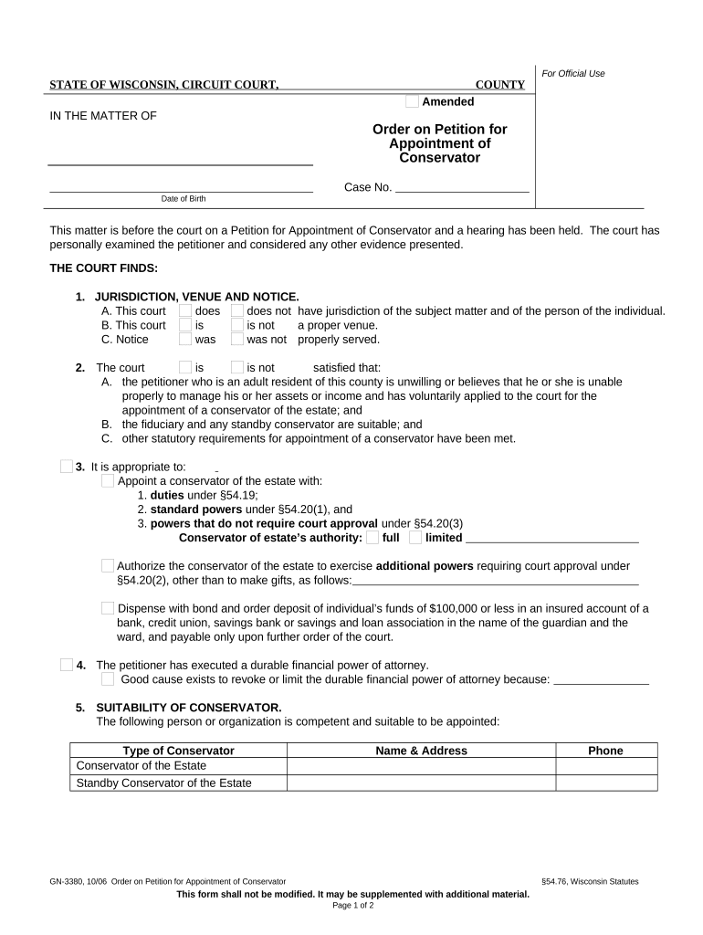 Order on Petition for Appointment of Conservator Wisconsin  Form