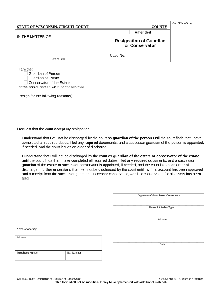 Resignation of Guardian or Conservator Wisconsin  Form